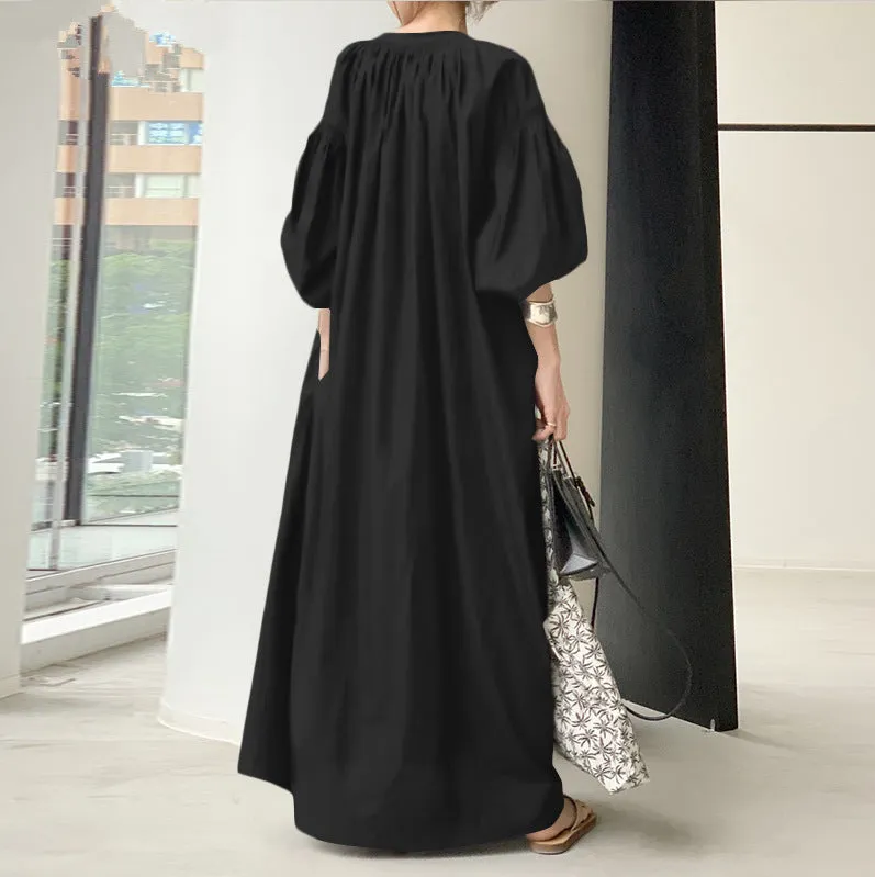 Flytonn-Graduation Gift Back to School Season Summer Vacation Dress Spring Outfit Cotton Collar Long Loose Fashion Casual Lantern Sleeves Big Swing Dress Linen Dresses