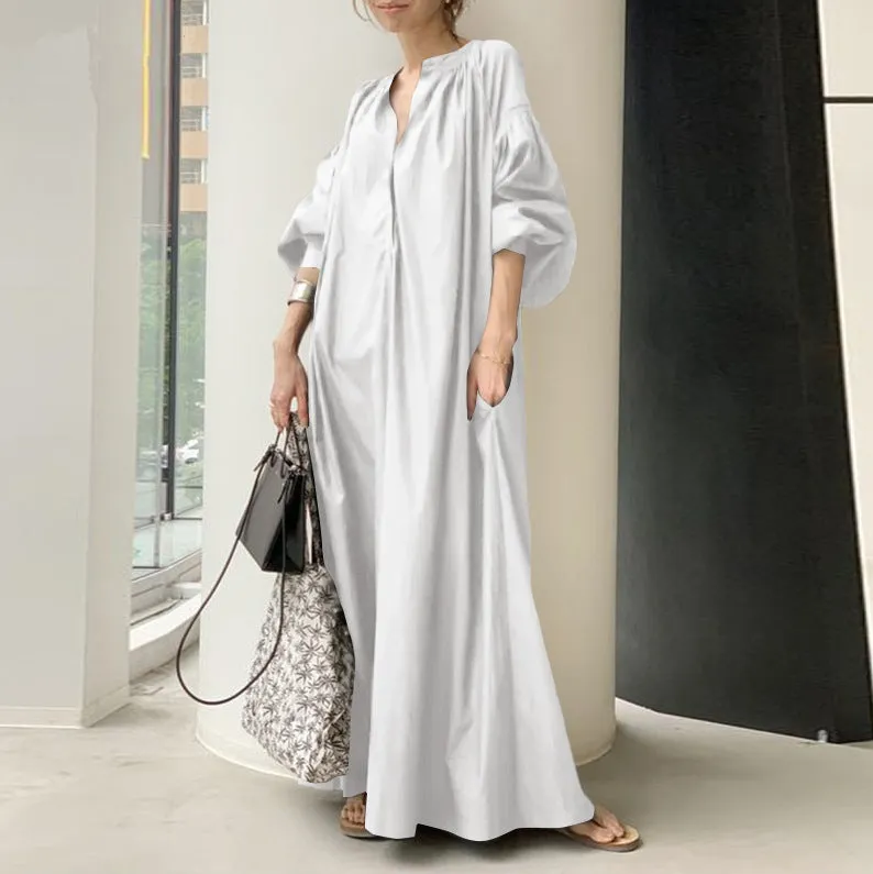 Flytonn-Graduation Gift Back to School Season Summer Vacation Dress Spring Outfit Cotton Collar Long Loose Fashion Casual Lantern Sleeves Big Swing Dress Linen Dresses
