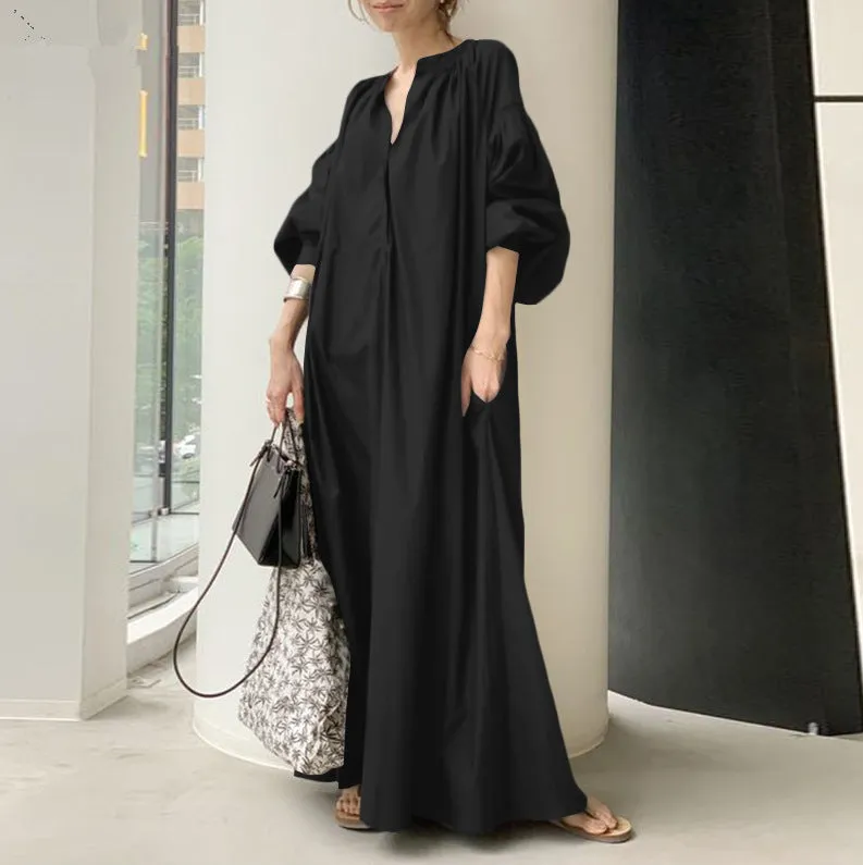 Flytonn-Graduation Gift Back to School Season Summer Vacation Dress Spring Outfit Cotton Collar Long Loose Fashion Casual Lantern Sleeves Big Swing Dress Linen Dresses