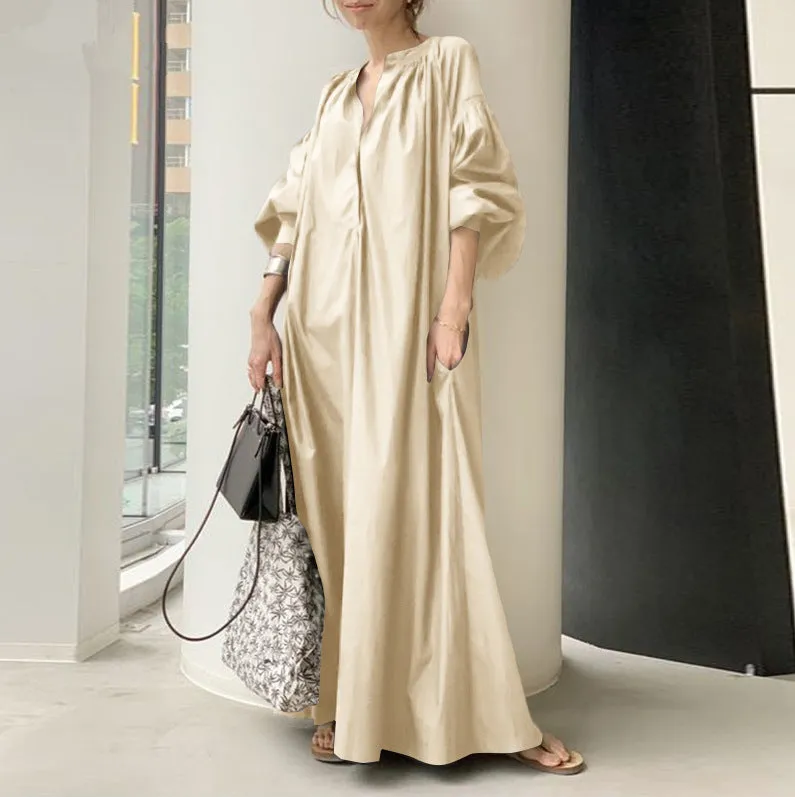 Flytonn-Graduation Gift Back to School Season Summer Vacation Dress Spring Outfit Cotton Collar Long Loose Fashion Casual Lantern Sleeves Big Swing Dress Linen Dresses