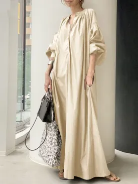 Flytonn-Graduation Gift Back to School Season Summer Vacation Dress Spring Outfit Cotton Collar Long Loose Fashion Casual Lantern Sleeves Big Swing Dress Linen Dresses