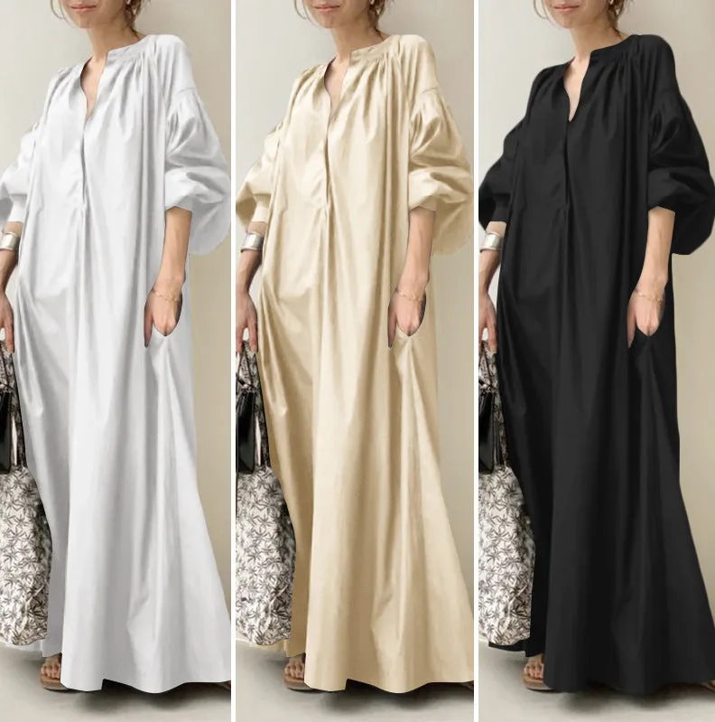 Flytonn-Graduation Gift Back to School Season Summer Vacation Dress Spring Outfit Cotton Collar Long Loose Fashion Casual Lantern Sleeves Big Swing Dress Linen Dresses