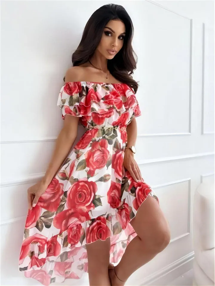 Flytonn-Graduation Gift Back to School Season Summer Vacation Dress Spring Outfit Fashion Women's Summer New A Collar Temperament Elegant Bust Models Floral Print Irregular Ruffle Trimmed In The Dress Dress