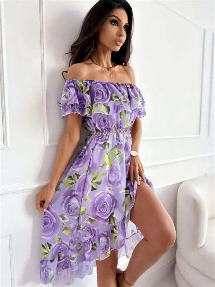 Flytonn-Graduation Gift Back to School Season Summer Vacation Dress Spring Outfit Fashion Women's Summer New A Collar Temperament Elegant Bust Models Floral Print Irregular Ruffle Trimmed In The Dress Dress