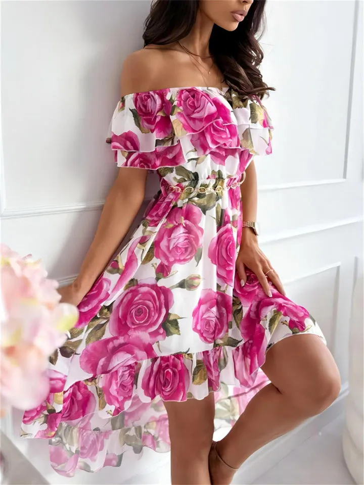 Flytonn-Graduation Gift Back to School Season Summer Vacation Dress Spring Outfit Fashion Women's Summer New A Collar Temperament Elegant Bust Models Floral Print Irregular Ruffle Trimmed In The Dress Dress