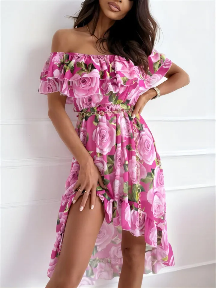 Flytonn-Graduation Gift Back to School Season Summer Vacation Dress Spring Outfit Fashion Women's Summer New A Collar Temperament Elegant Bust Models Floral Print Irregular Ruffle Trimmed In The Dress Dress