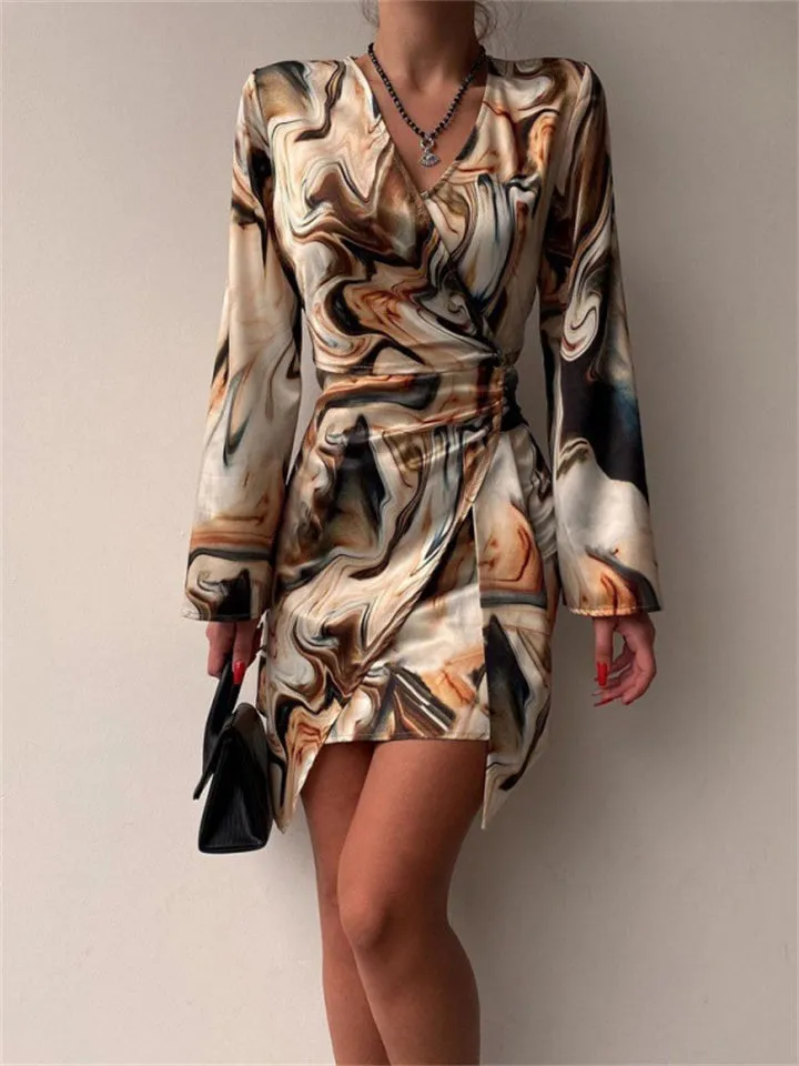 Flytonn-Graduation Gift Back to School Season Summer Vacation Dress Spring Outfit Long Sleeve Printed V-neck Sexy Irregular Dress