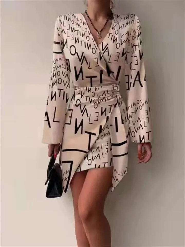 Flytonn-Graduation Gift Back to School Season Summer Vacation Dress Spring Outfit Long Sleeve Printed V-neck Sexy Irregular Dress