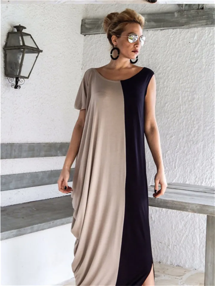 Flytonn-Graduation Gift Back to School Season Summer Vacation Dress Spring Outfit Round Neck Short Sleeve Loose Splicing Fashion Dress Long Dress