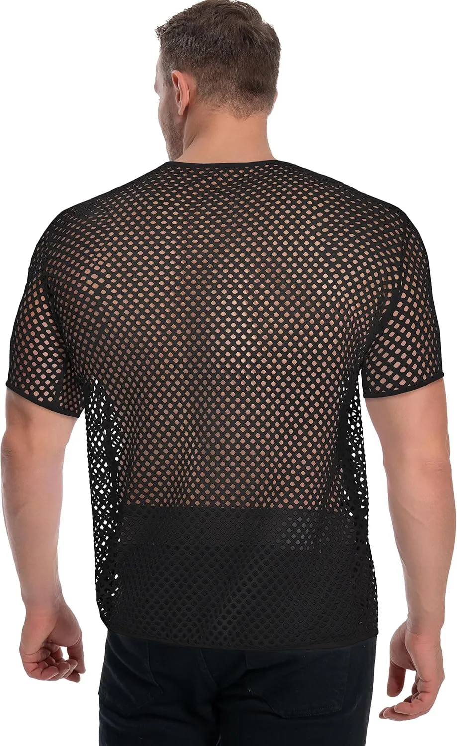 Men's Mesh Fishnet Top Short Sleeve Sheer See Through T Shirt Fitted Muscle Blouse Clubwear