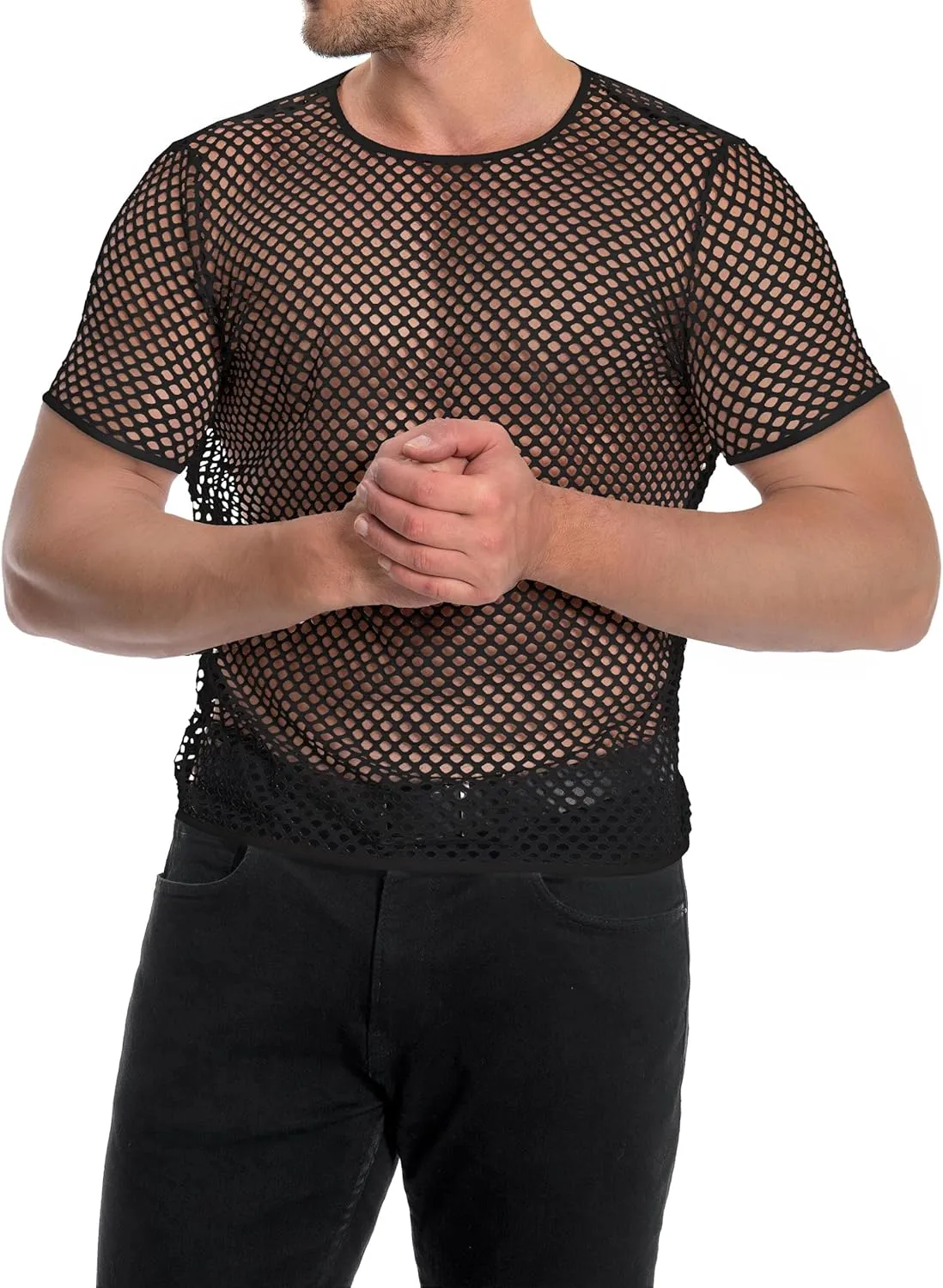 Men's Mesh Fishnet Top Short Sleeve Sheer See Through T Shirt Fitted Muscle Blouse Clubwear