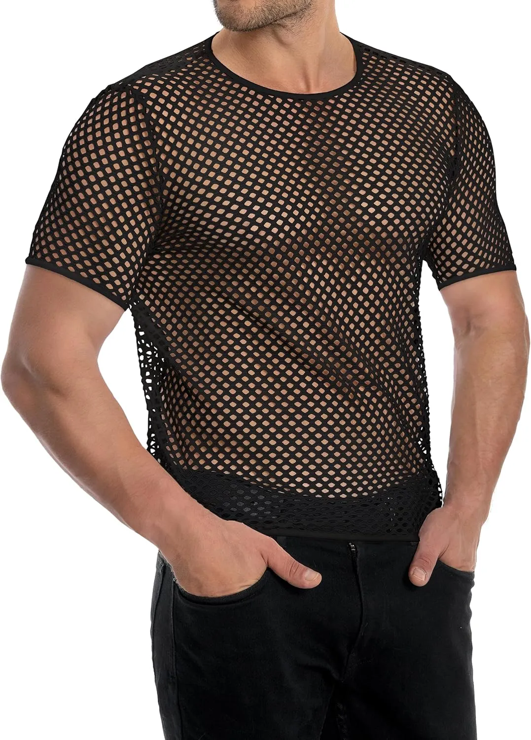 Men's Mesh Fishnet Top Short Sleeve Sheer See Through T Shirt Fitted Muscle Blouse Clubwear