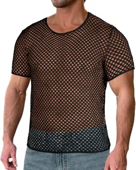 Men's Mesh Fishnet Top Short Sleeve Sheer See Through T Shirt Fitted Muscle Blouse Clubwear