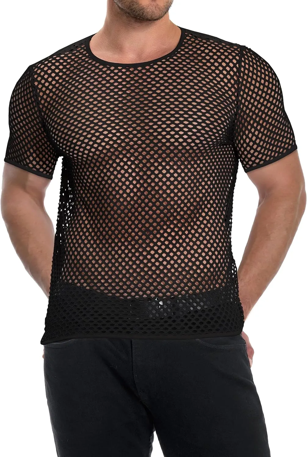 Men's Mesh Fishnet Top Short Sleeve Sheer See Through T Shirt Fitted Muscle Blouse Clubwear