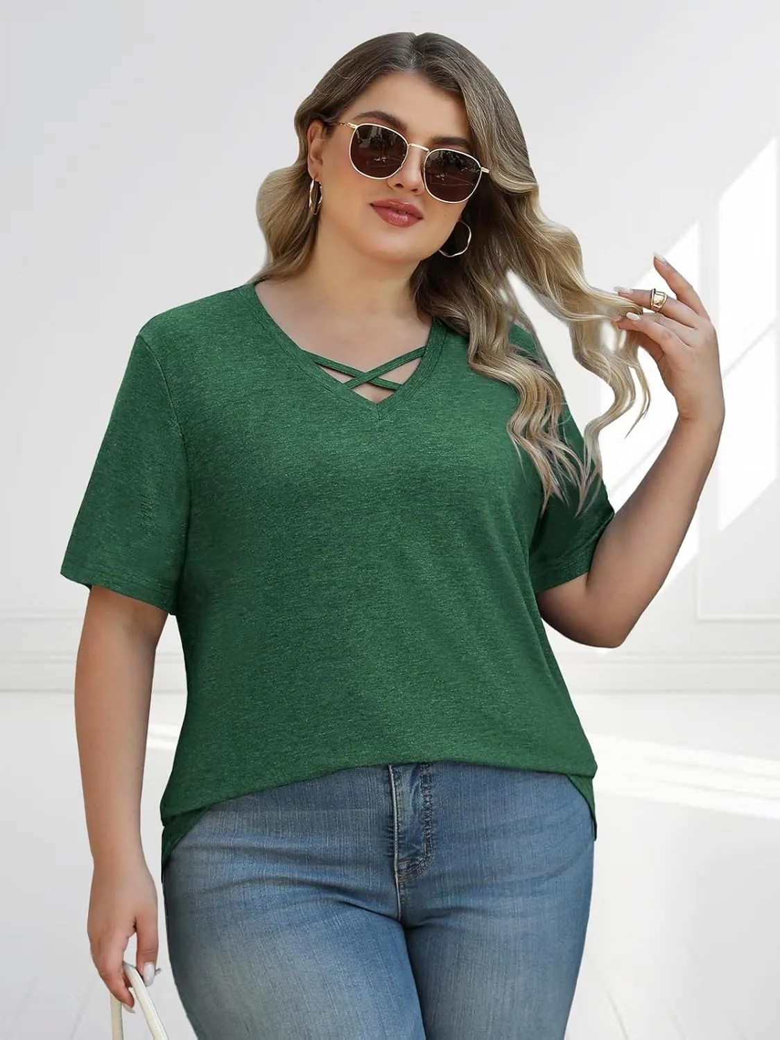 Plus Size Tops for Women Summer Trendy Criss Cross Shirts Oversized Casual Loose Fit Tunic Tops