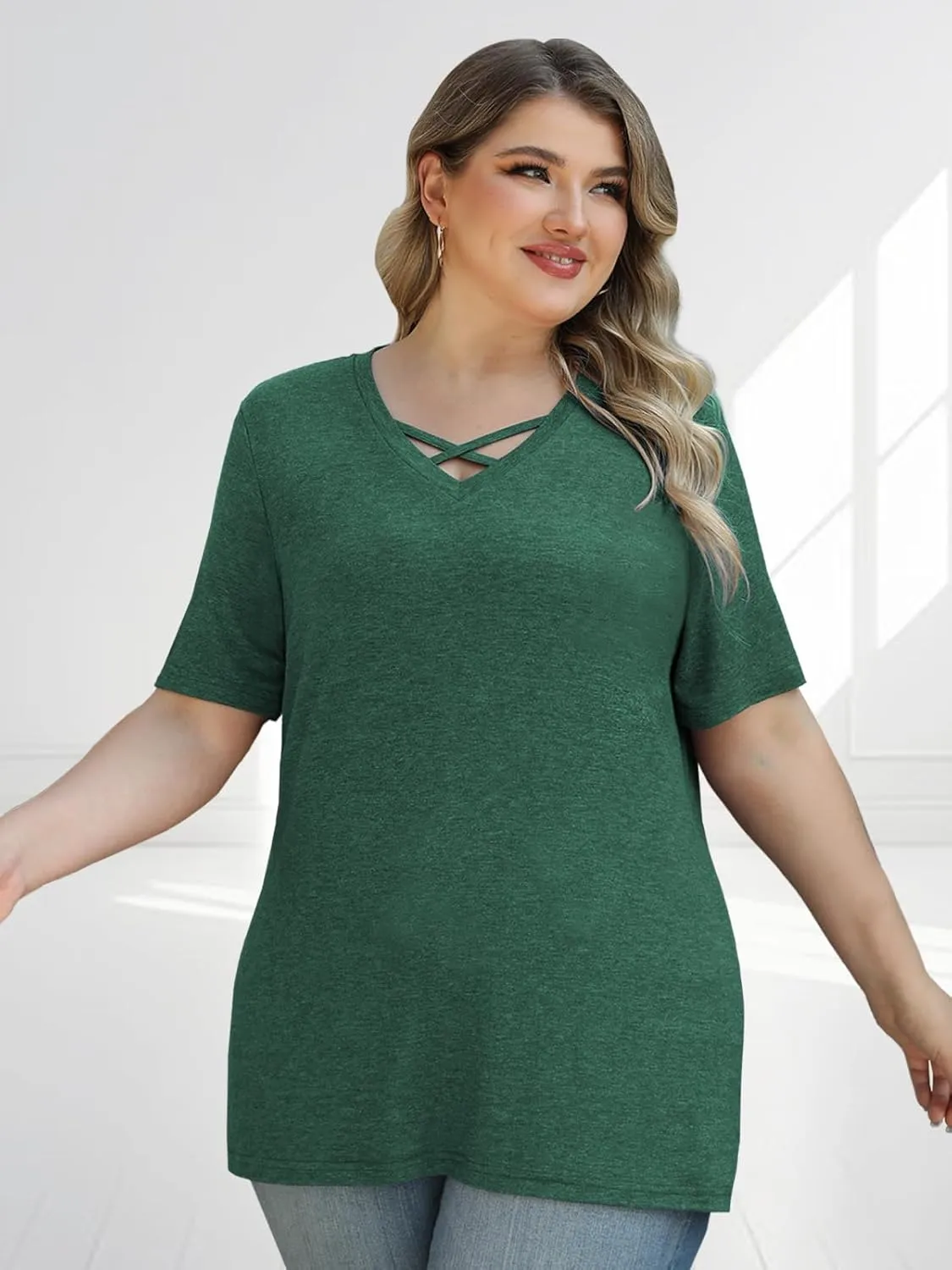 Plus Size Tops for Women Summer Trendy Criss Cross Shirts Oversized Casual Loose Fit Tunic Tops