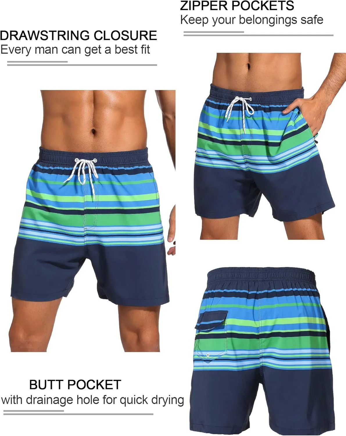 SILKWORLD Mens Swim Trunks with Compression Liner 2 in 1 Quick Dry Bathing Suit Beach Shorts with Zipper Pockets
