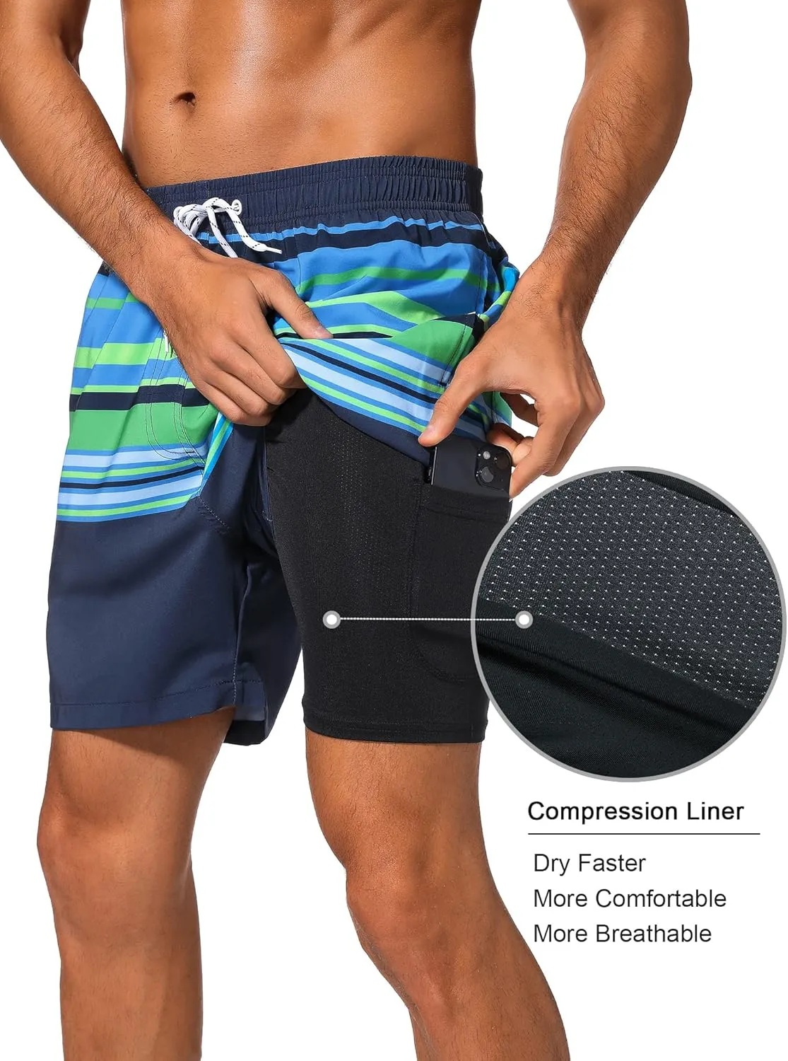 SILKWORLD Mens Swim Trunks with Compression Liner 2 in 1 Quick Dry Bathing Suit Beach Shorts with Zipper Pockets