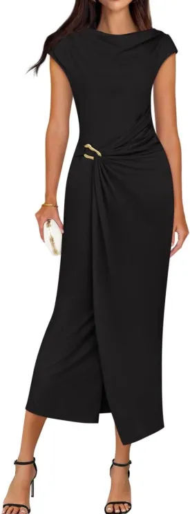 ZESICA Women's 2025 Summer Mock Neck Casual Bodycon Dress Cap Sleeve Elegant Cocktail Party Long Midi Dresses