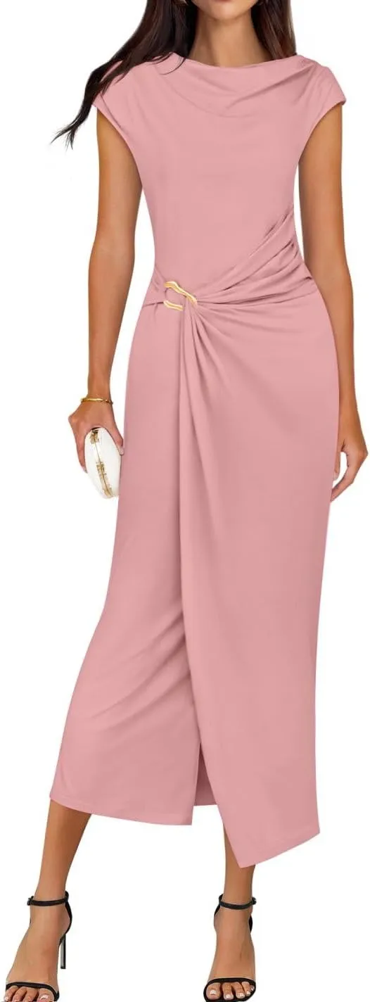ZESICA Women's 2025 Summer Mock Neck Casual Bodycon Dress Cap Sleeve Elegant Cocktail Party Long Midi Dresses